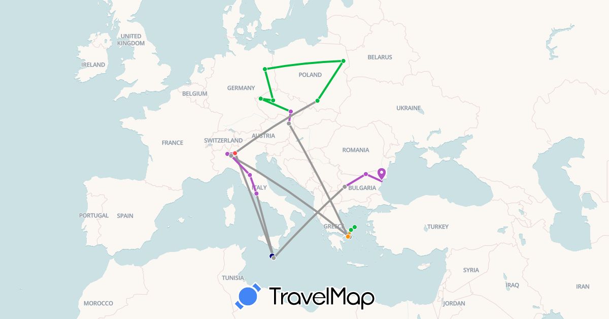 TravelMap itinerary: driving, bus, plane, train, hiking, hitchhiking in Austria, Bulgaria, Czech Republic, Germany, Greece, Italy, Malta, Poland (Europe)